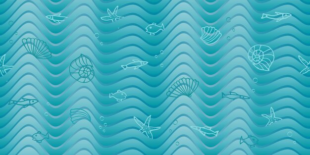 ベクトル シンプルな魚と波のシームレスな青いパターン 絵描きの要素のベクトル海洋背景