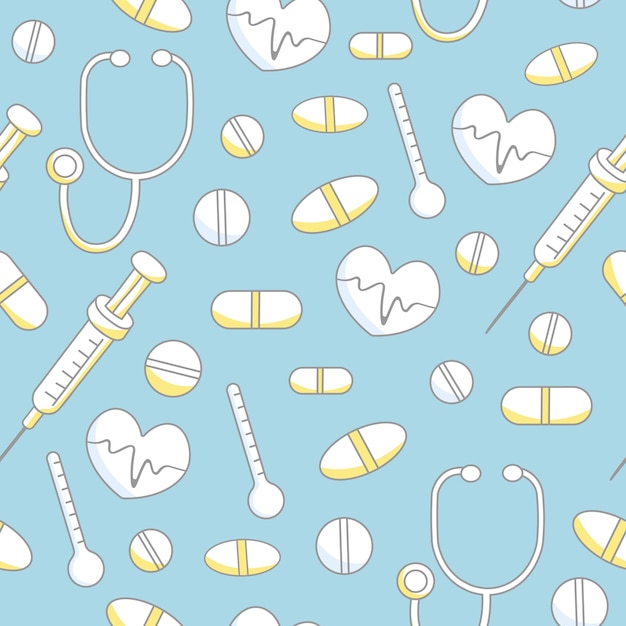 Seamless blue pattern with white patterns with yellow accents pills syringe medicine