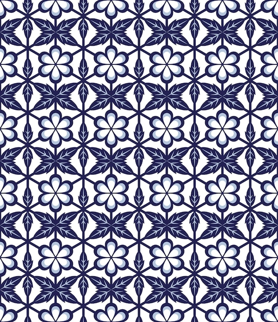 Seamless blue round flower leaf cross polygon pattern