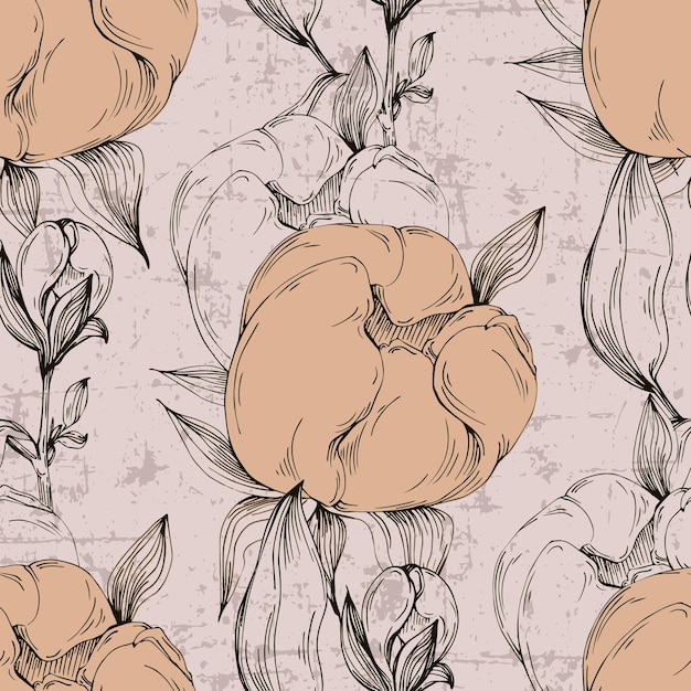 Seamless boho floral pattern with peony flowers