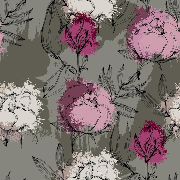 Seamless boho floral pattern with peony flowers