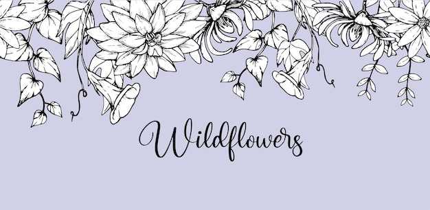 Vector seamless border background with trendy wildflowers minimalist design for wall decoration or wedding