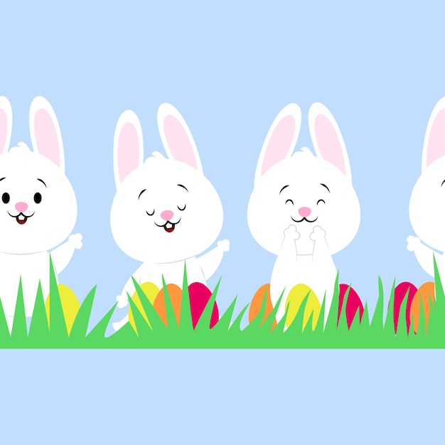 Seamless border of cute white Easter bunnies with eggs and grass