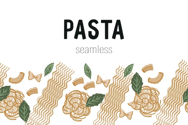 Seamless border design with pasta of different types hand drawn flat vector