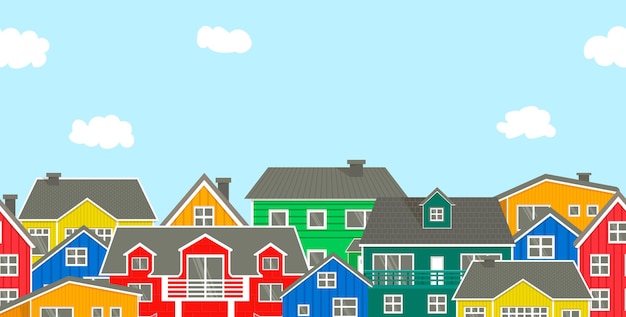 Vector seamless border of european village simple houses beautiful multicolored elements in norway