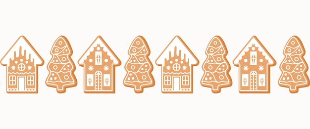 Vector seamless border pattern of gingerbread christmas houses and trees on isolated background