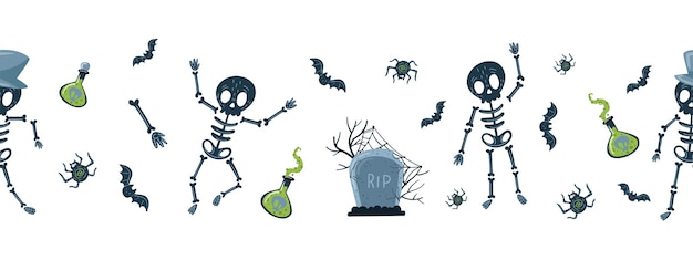 Seamless border with cute cartoon skeletons. Funny chain.