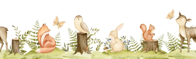 Вектор Бесшовная граница с лесом животные для детских обоев нарисованная вручную акварельная иллюстрация лесного узора с оленьей лисой и кроликом на изолированном фоне рисунок рамки для детского дизайна