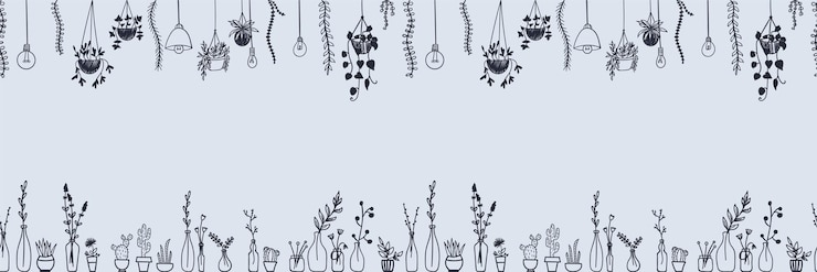Vector seamless border with home plants in flowerpots and vases with copy space in the center