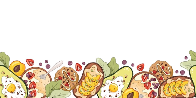 Vector seamless border with oatmeal porridge, avocado with egg, cookies, fruit sandwich.