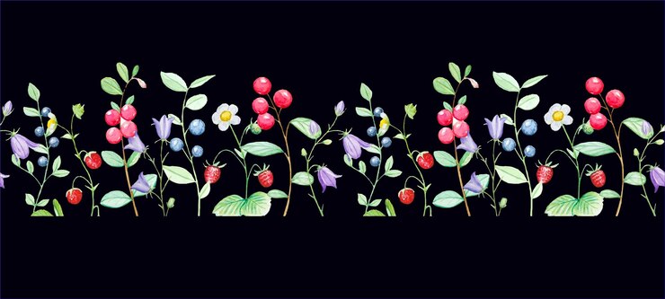Vector seamless border with watercolor wild berries and meadow flowers