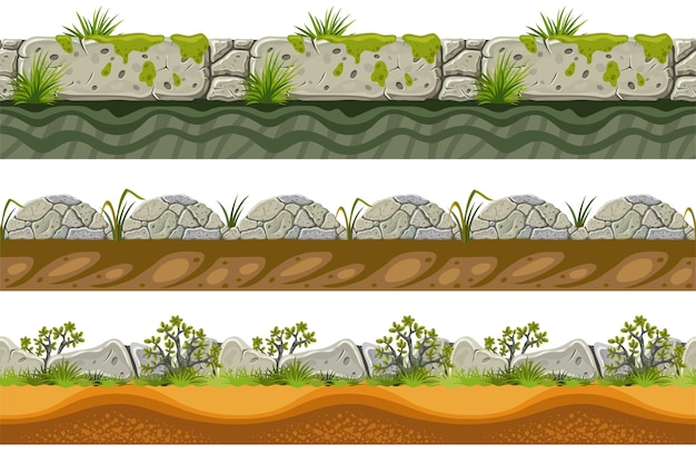 Seamless borders gray rock, grass with soil.