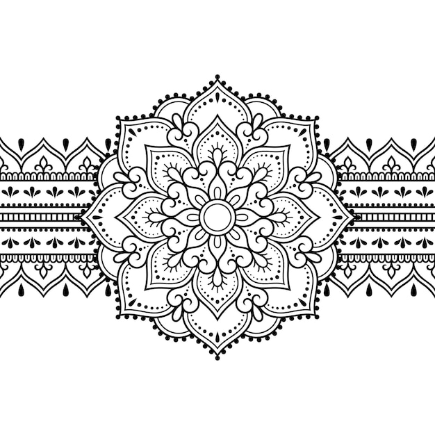 Bordi senza giunture con mandala per l'applicazione di design di henné mehndi e tatuaggio motivo decorativo in stile etnico orientale indiano ornamento doodle contorno mano disegnare illustrazione vettoriale