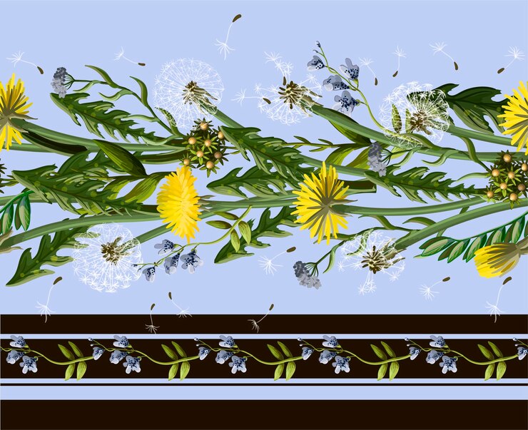 Vector seamless borser with dandelion and wild flowers