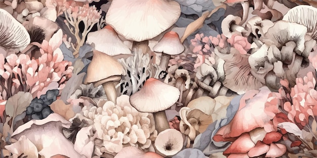 Vector seamless botanical autumn pattern vintage pastel color ream brown soft pink mushroom and flower