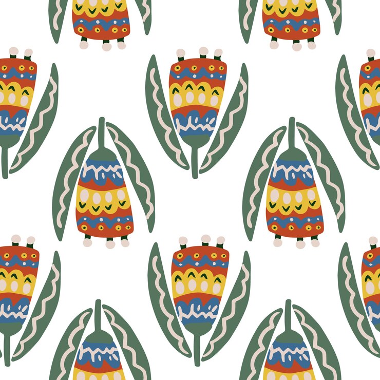 Vector seamless botanical floral pattern of elements in folk ethnic style.