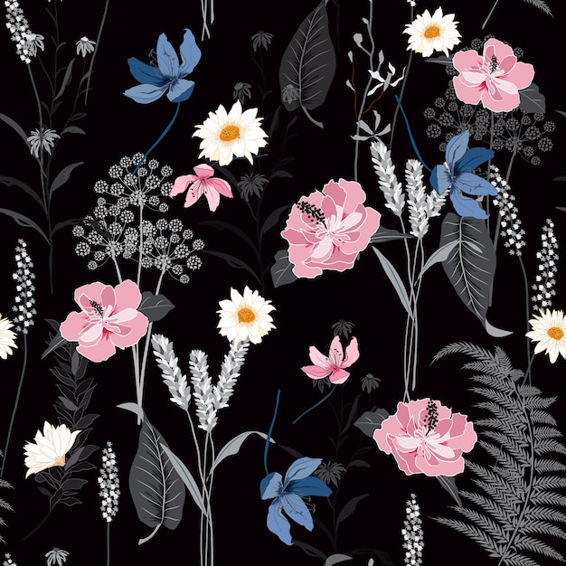 Seamless botanical flowers pattern vector