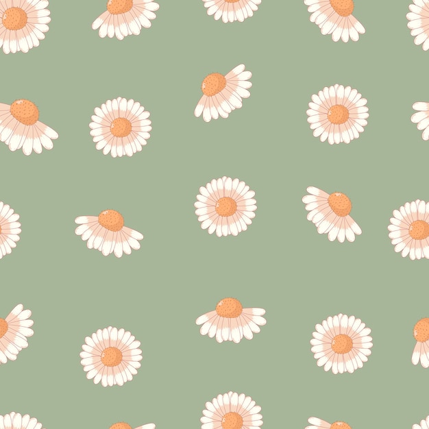 Seamless botanical ornament pattern with autumn daisies in pastel colors isolated on green background in flat cartoon style