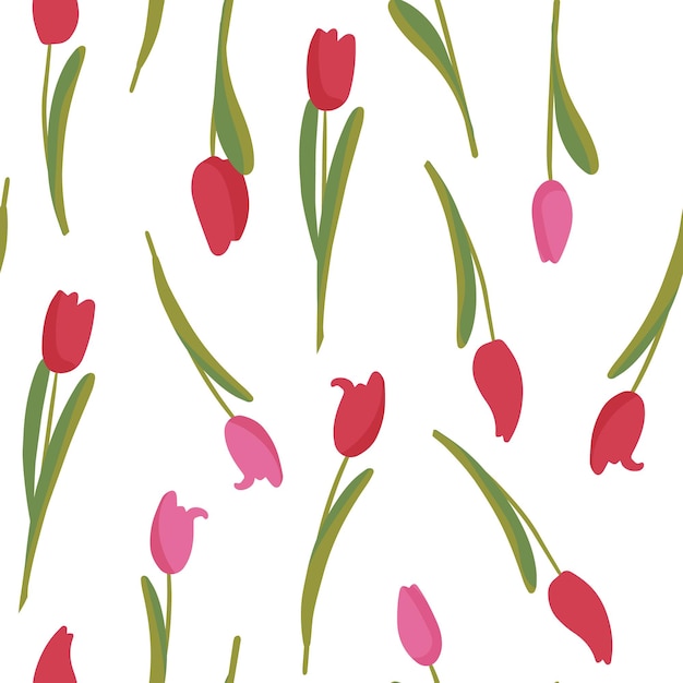 Seamless botanical pattern of red tulip flowers with leaves