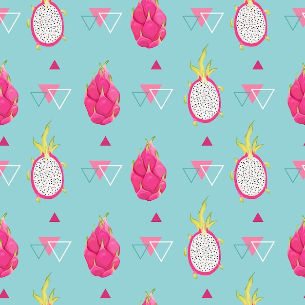 Vector seamless botanical pattern with dragon fruits, pitaya background. hand drawn vector illustration in watercolor style for summer romantic cover, tropical wallpaper, vintage texture