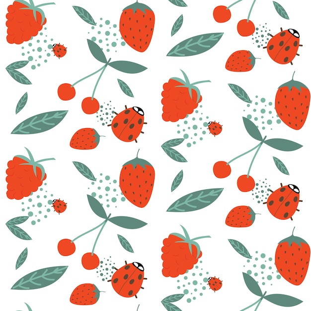 Seamless botanical pattern with hand drawn raspberry and strawberries cherries and ladybugs Wrapping