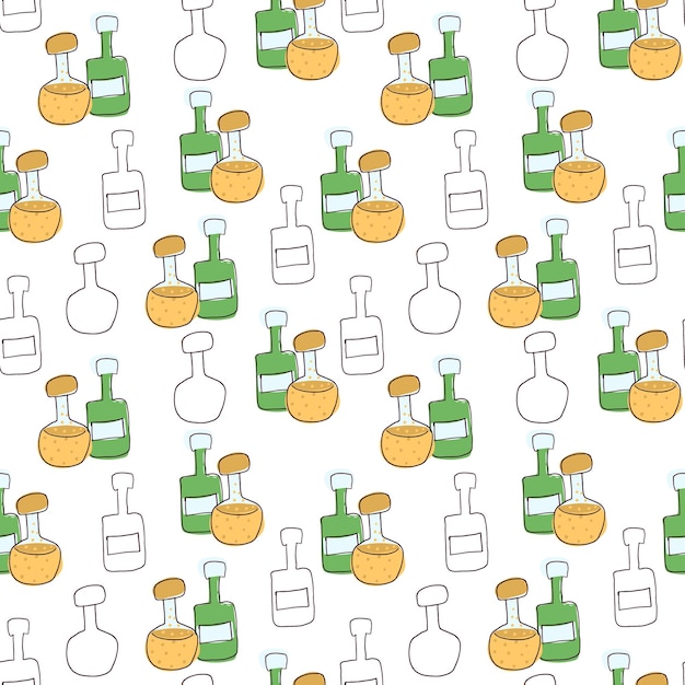 Seamless bottle pattern with potion and cure vector background hand draw