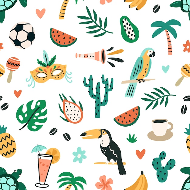 Seamless Brazilian pattern with cultural and natural symbols of Brazil on white background. Endless texture with fruits, birds and plants of Brasil. Colorful flat vector illustration for printing.