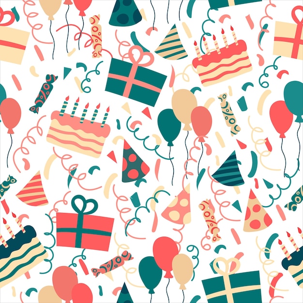 Seamless bright pattern of birthday attributes gifts hats cake crackers Doodle style Vector illustration