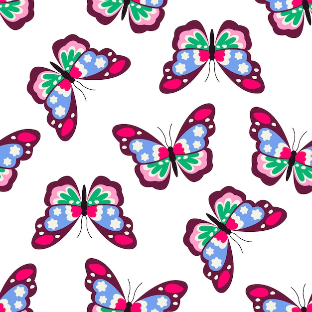 白い背景ベクトル グラフィックに美しい飛んでいる蝶とシームレスな明るいパターン