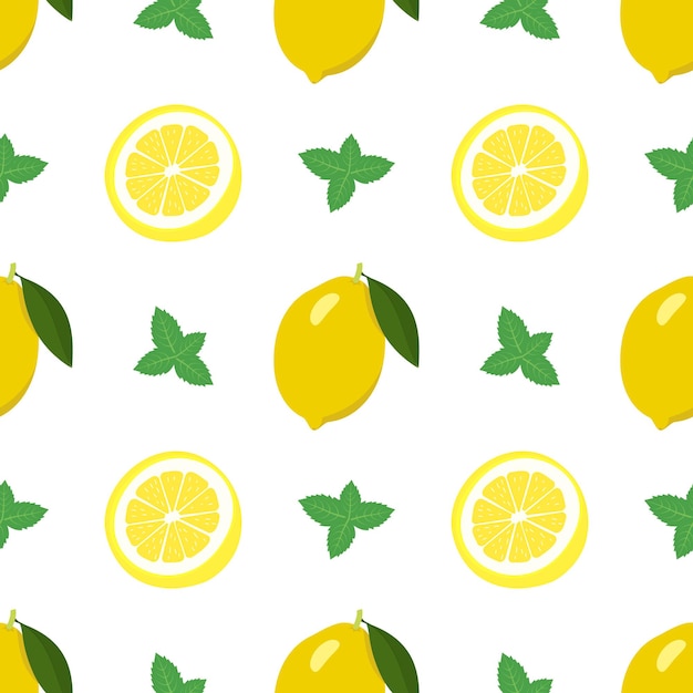 Seamless bright spring and summer pattern with lemon and slices and mint leaves set of citrus fruit