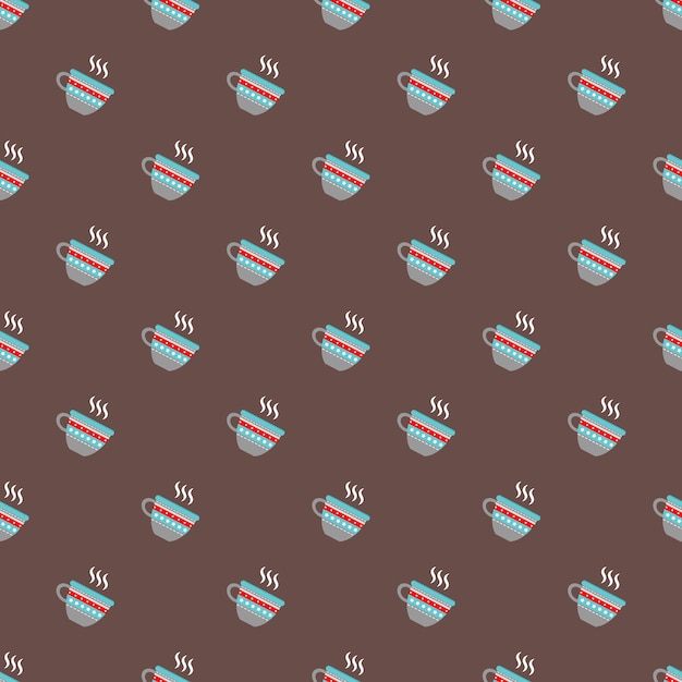 Seamless brown autumnal food vector pattern with hot coffee cups for textile or wrapping paper