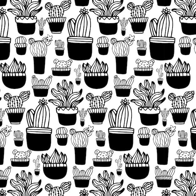 Vector seamless cactus pattern repeating hand drawn background black and white cacti print