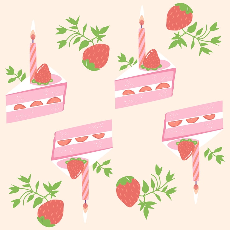 Vector seamless cake slice pattern with strawberries birthday concept
