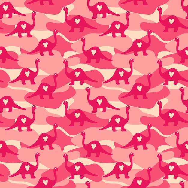 Seamless camouflage pattern with dinosaur silhouette. Pink color. Kids background. Vector backdrop.