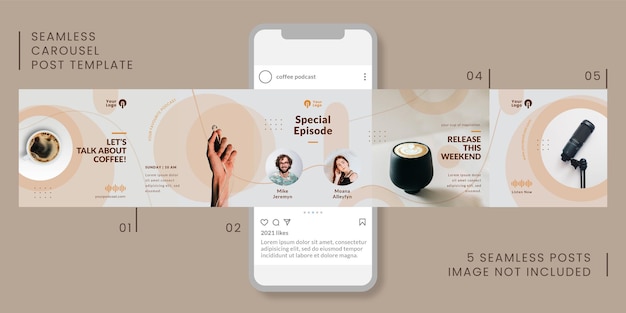Шаблон поста бесшовные карусель с темой подкаста кофе для социальных сетей.