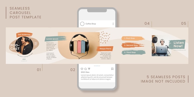 ソーシャルメディア用のポッドキャストをテーマにしたシームレスなカルーセル投稿テンプレート。