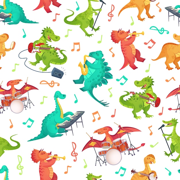 Seamless cartoon musica dinosauri pattern. dino band, simpatico dinosauro che suona strumenti musicali e illustrazione di tirannosauro rockstar.