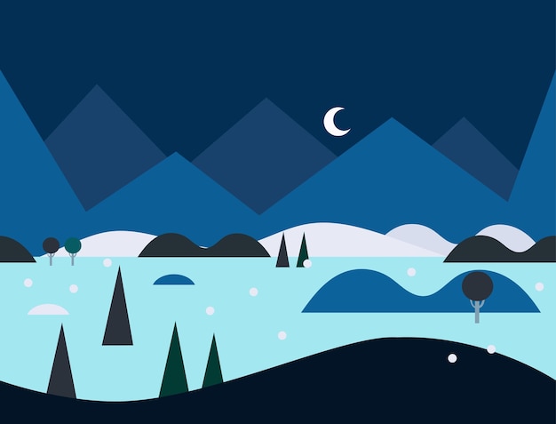 Seamless Cartoon Nature Landscape at Night, Flat Vector Illustration