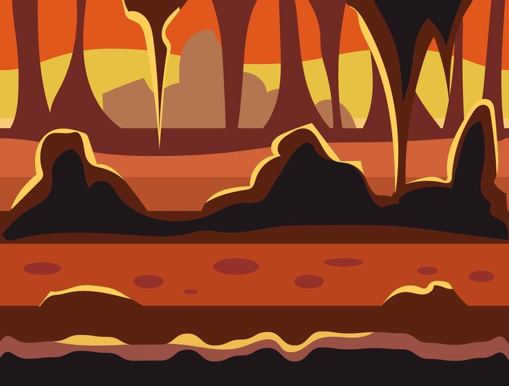 Vector seamless cartoon nature landscape, unending background with soil, trees, mountains and cloudy sky layers vector illustration