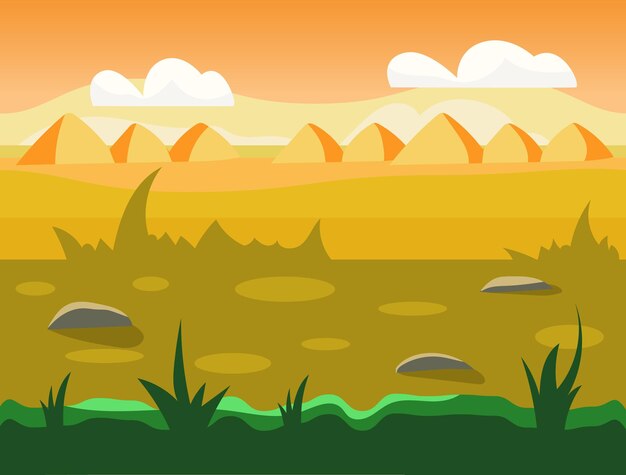 Vector seamless cartoon nature landscape, unending background with soil, trees, mountains and cloudy sky layers vector illustration