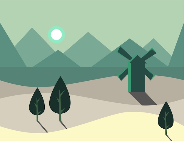 Бесшовный мультяшный природный пейзаж с ветряной мельницей, плоская векторная иллюстрация