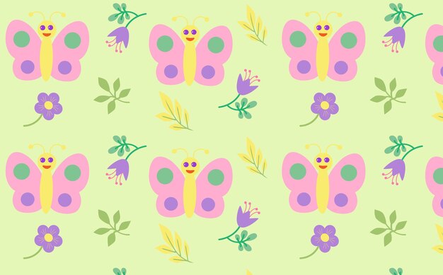 Seamless cartoon pattern of butterfly flowers on green background vector EPS10