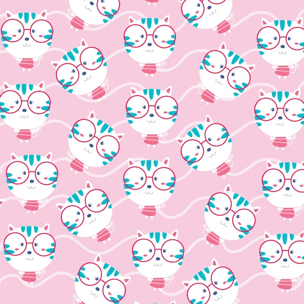 Seamless cartoon pattern with cute bespectacled white cat doodle