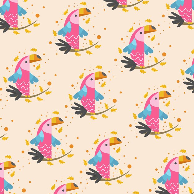 Seamless cartoon pattern with cute pink bird doodle