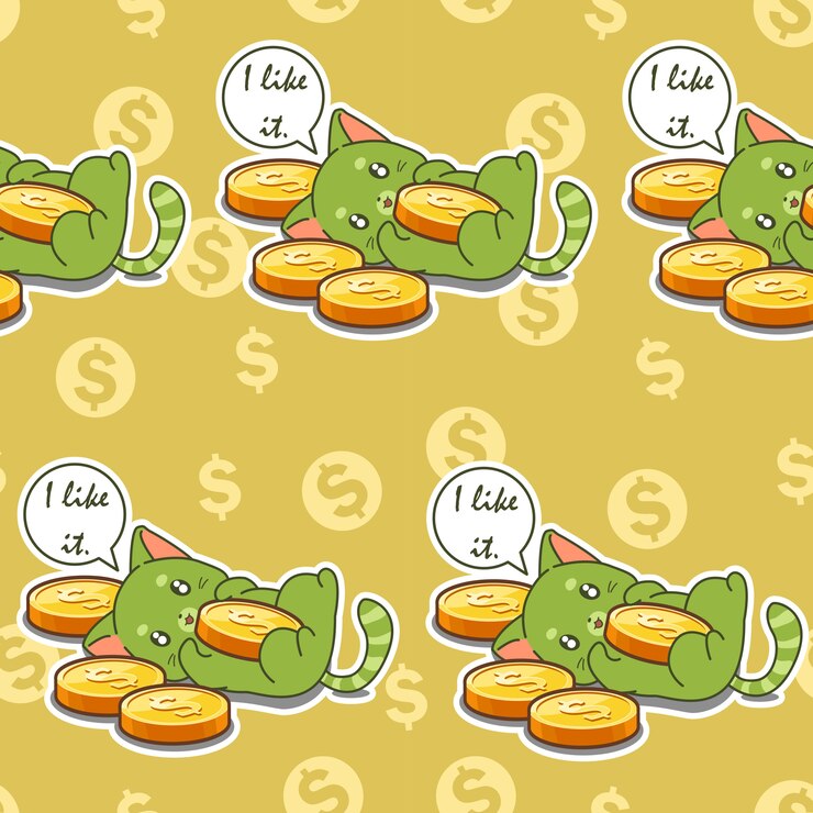 Vector seamless cat likes coins pattern.