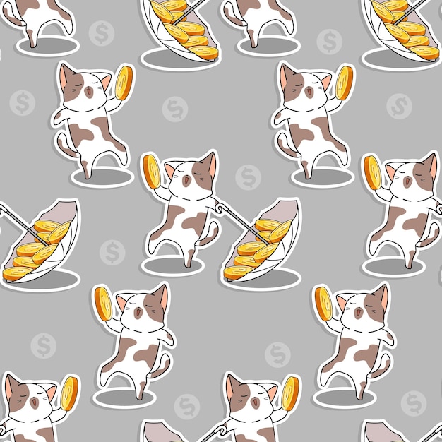 Seamless cat love coins pattern