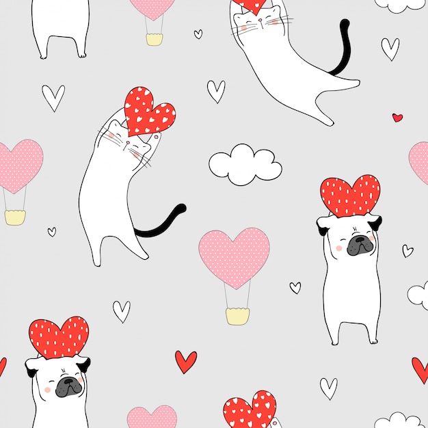 Seamless cat and pug dog holding red heart for valentine