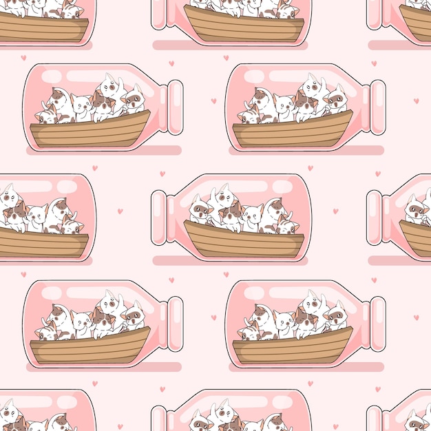 Seamless cats and boat in bottle pattern