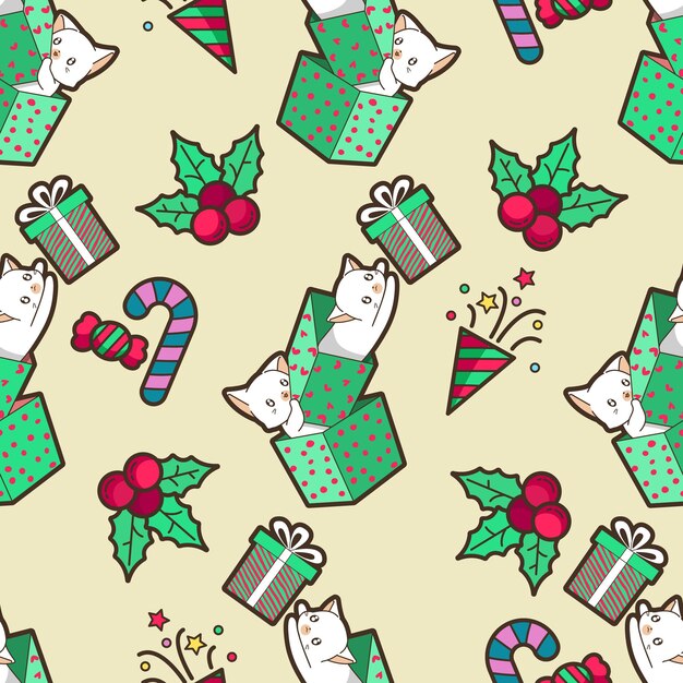 Vector seamless cats and christmas gift pattern