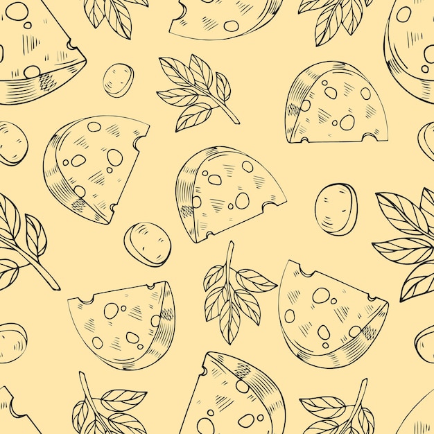 Seamless cheese and basil pattern.